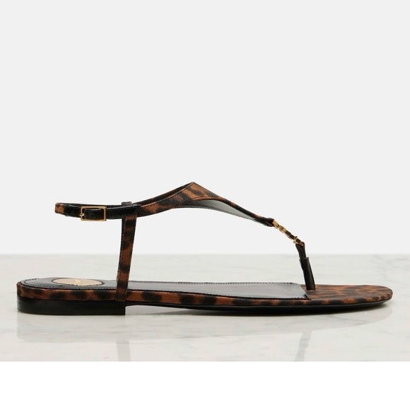 SAINT LAURENT Bridget Cassandra YSL logo leopard thong sandals